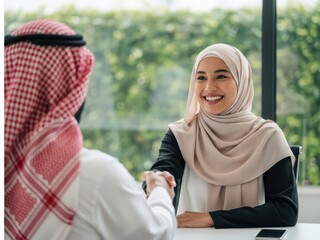 Muslim man and woman shaking hands isolated on transparent background
