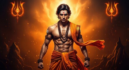 Fototapeta premium Hindu Youth Portrayed as Timeless Spiritual Warrior With Symbolic Fire Energy