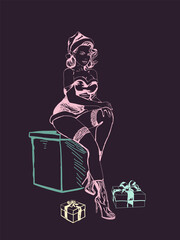 Sketch of a beautiful girl in a short New Year's dress sitting on a box with gifts against a dark background. Vector illustration for your Christmas and New Year's holiday-themed designs.
