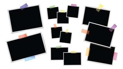 Photo Frame Mockup Vector Set &ndash; Realistic Blank Picture Frames with Colorful Adhesive Tape and Paper Clips, Various Sizes, Scrapbooking, Collage and Design Presentation