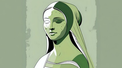Minimalist Mona Lisa Green Silhouette Vector Illustration on White Background