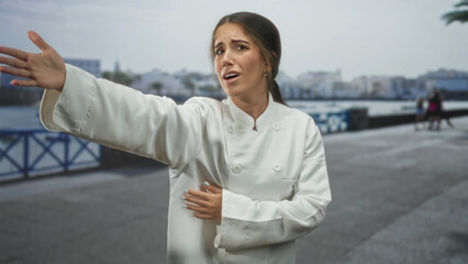 Woman chef in white chef coat with crossed arms then points hand outward toward street waterfront promenade pier; concern appeal.