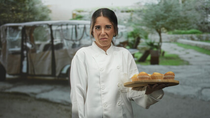 Chef woman holds wooden tray of muffins with grimace face on street near parked cart and trees;...