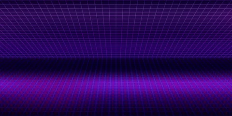 Fotobehang Violet Retro futuristic grid background in purple neon style. Vector synthwave landscape with 80s cyberpunk vibe, perfect for digital designs, posters, games, or music visuals.  © Dul