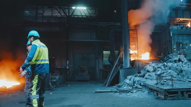 Medium shot of factory workers monitoring resourceefficient smelting processes focusing on minimized raw material usage and waste recycling.