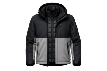 Black hooded jacket with transparent background and grey sections.