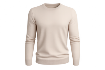 Beige crewneck sweater on transparent background, long sleeve knit top