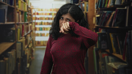 Fototapeta premium Young brunette woman rubbing eye with hand in library building aisle among tall bookshelves, visible tears and weary expression; sadness solitude.