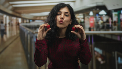 Woman holds two strawberries and puckers lips amid a busy mall atrium, smiling slightly and leaning on railing; playful delight.