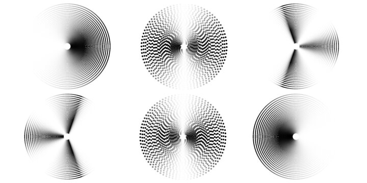 Dotted and linear sound wave signal set. Radial radio and music audio icon collection. Rippled radar vibration element sign bundle. Black curved impulse lines pack. Echo soundwave symbols. Vector
