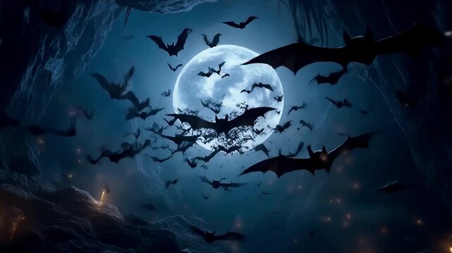 Abstract slow-motion shot of bats emerging from a gothic cave into moonlight, particles in the air, cinematic 4k.