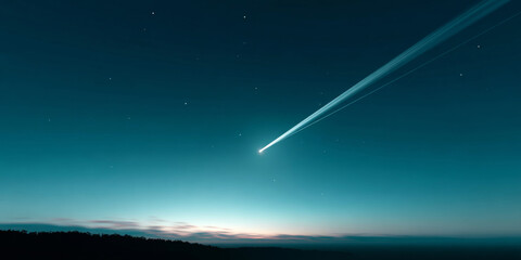 A meteor streaks across the night sky, leaving a glowing trail in its wake