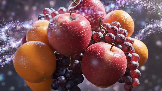 Christmas tree decorated with red apples and festive ornaments on a red background