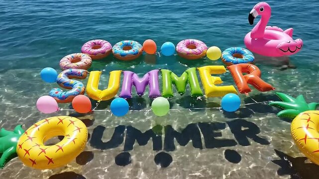 Colorful inflatable summer decorations floating in clear water with vibrant letters and playful elements creating a festive beach atmosphere