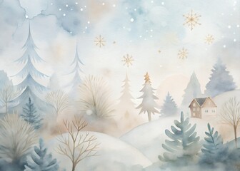 Serene winter landscape with snow covered trees and house