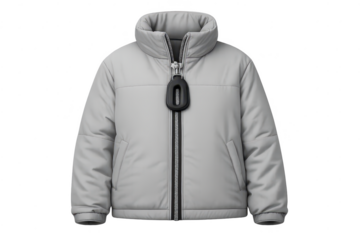 Stylish gray puffer jacket with a transparent background, trendy design.