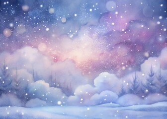 Magical snowy night with starry sky and soft glowing clouds