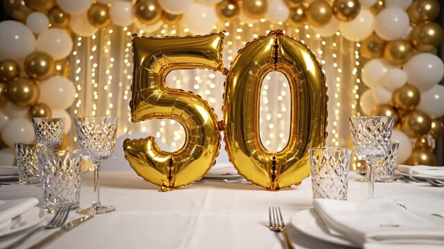 Golden balloon numbers 50 displayed prominently on elegantly set table with crystal glassware and festive backdrop creating a celebratory atmosphere