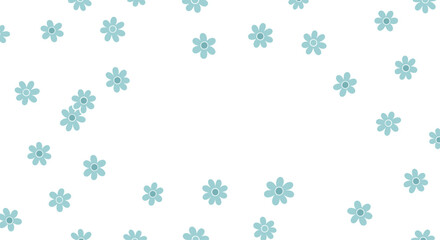 Fototapeta premium Simple and delicate seamless pattern of small light blue flowers with yellow centers scattered on a clean white background.