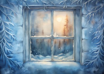 Serene winter scene viewed through frosty window with snow covered trees