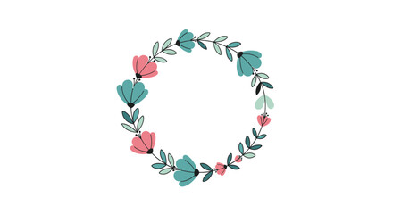 Fototapeta premium Delicate floral wreath composed of soft pink and teal blossoms with green leaves forming a perfect circle on a white backdrop.