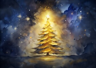 Golden Christmas tree shining brightly in starry night sky with magical glow