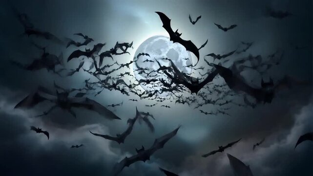 Dramatic 3D animation of many bats in silhouette against a full moon with stormy clouds, spooky Halloween concept, AI generated.