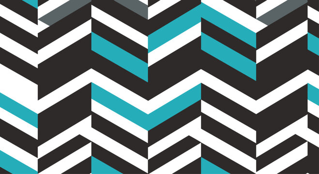 Modern geometric seamless pattern with bold chevron stripes in black white and vibrant teal colors for a dynamic look.