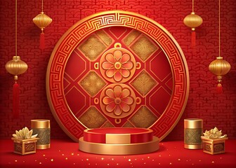 Vibrant Chinese New Year celebration background with red and gold decorations