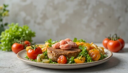 Fresh healthy salad plate with cherry tomatoes, leafy greens, broccoli, and protein-rich toppings, beautifully styled on a rustic background, nutritious homemade food concept with vibrant colors