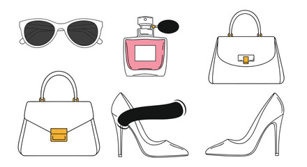 Chic collection of fashion accessories including sunglasses perfume a clutch and high-heeled shoes on a white background.