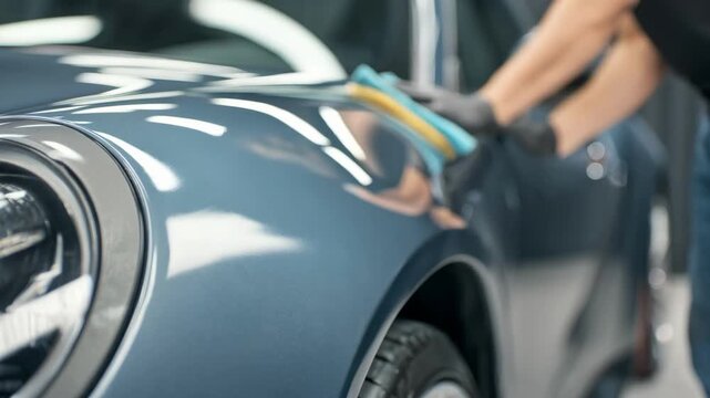 Footage of a detailer using dry buffing motions with a microfiber cloth on a car panel to restore the paint finish from light scratches.