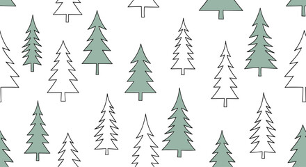 Obraz premium Simple and modern seamless pattern of pine trees in solid green and line art versions on a clean white background.