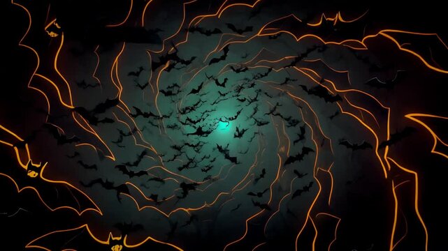 Wide shot of hundreds of bats forming a vortex pattern in the night sky with glowing outlines, cinematic 4k background.