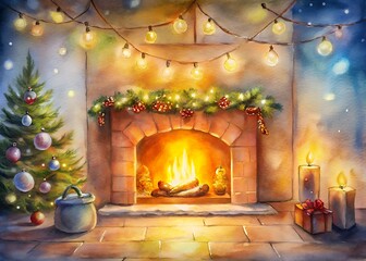 Cozy Christmas scene with decorated tree, lit fireplace, and warm candlelight ambiance