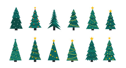 Obraz premium Collection of stylized christmas tree icons in various designs and decorations for winter holiday season and festive celebration themes.