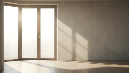 Minimalist empty room interior with tall windows, soft natural sunlight, smooth concrete walls, clean modern architecture, neutral tones, and calm open space ideal for contemporary design backgrounds