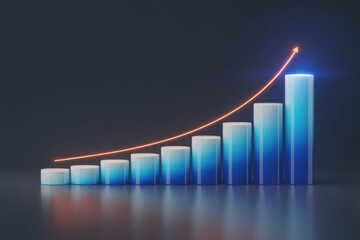 A digital data visualization with blue bars and an upward orange curve chart upward trend