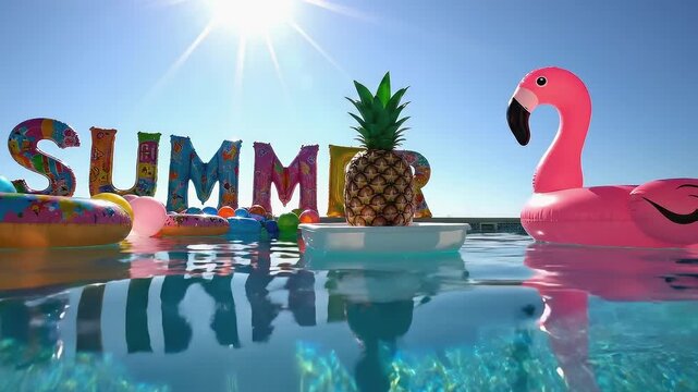 Colorful summer pool scene with vibrant inflatable toys, a pineapple centerpiece, and a flamingo float reflecting sunlight on water surface