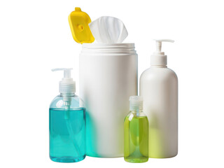 Essential hygiene products: hand sanitizer, pump soap, and wet wipes for care.