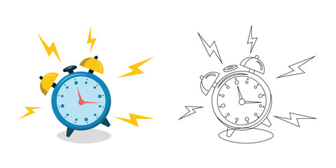 Ringing Alarm Clock Illustration with Lightning Effects &ndash; Color and Line Art Vector