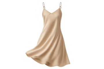 Silk slip dress in beige on transparent background, fashion clothing