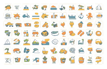 Fototapeta premium Abstract Minimalist Hand Drawn Travel and Nature Icon Set, Modern Aesthetic Elements with Architecture, Sea Landscapes, Summer Fruits, and Organic Shapes