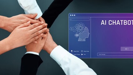 Collaborative hands with AI chatbot interface symbolize teamwork in technology communication. Ideal for concepts of innovation, support, and digital interaction. Raster - Powered by Adobe