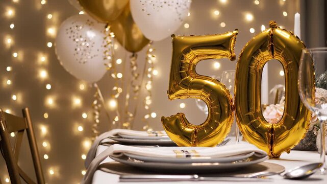 Golden balloons displaying the number 50 on a beautifully set dining table with elegant tableware and twinkling fairy lights in the background
