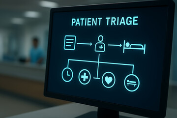 Patient triage management system interface displaying medical workflow optimization and emergency room efficiency protocols in a modern hospital setting