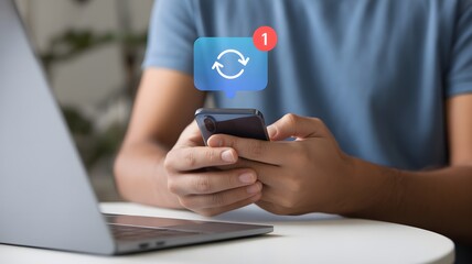 Update concept. upgrade system software for modernize, released new version. Person with notification for software updates on screen