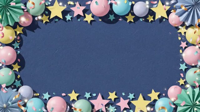 Colorful festive decorations with balloons, stars, and confetti framing a blank space for creative design elements and text placement in celebration themes