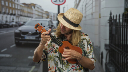 Blond man wearing straw hat and floral shirt strums a ukulele while standing on a narrow street;...