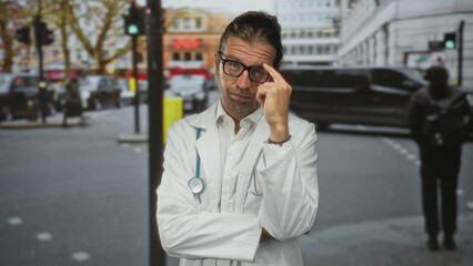 Blond man in white medical coat with stethoscope adjusts glasses while standing on a bustling city...